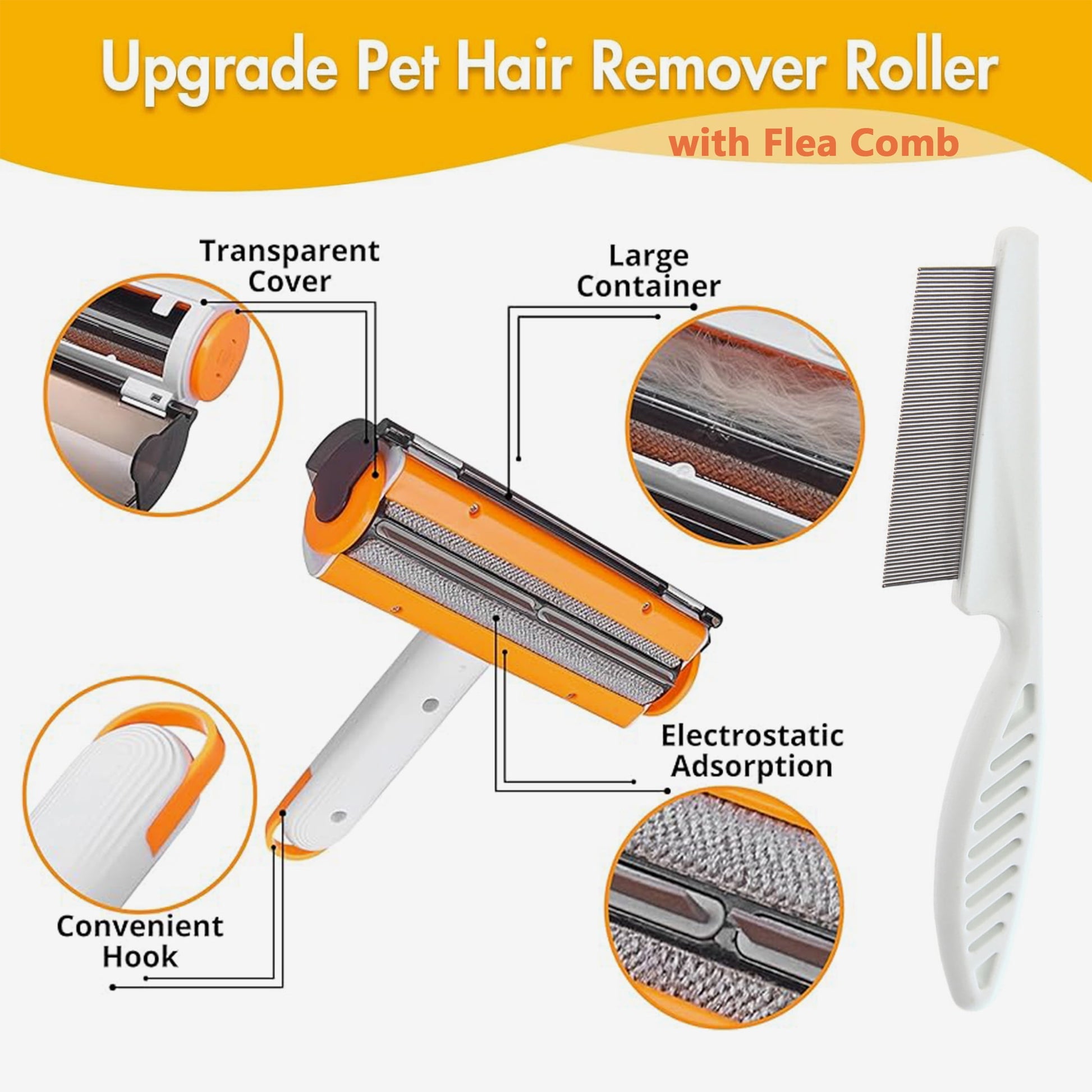2-In-1 Reusable Pet Hair Remover & Lint Roller with Flea Comb, 2 Count